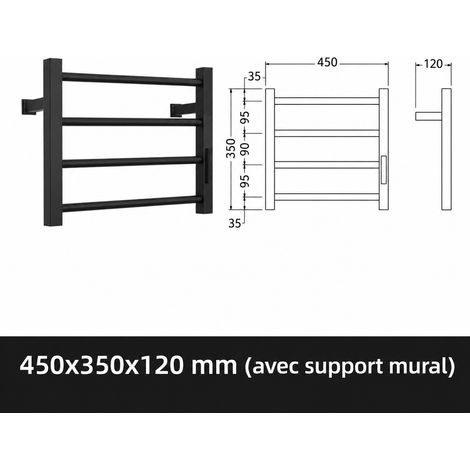 Sèche-Serviettes Électrique Mural Inox Brossé 4 Barres noir modèle à deux pieds 35 × 45 × 12 cm 2,5 kg 10 kg – Livraison gratuite (1/5)