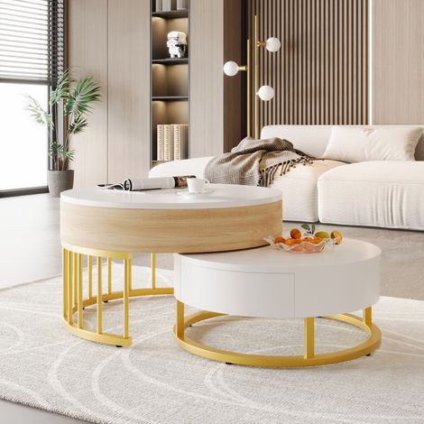 Table basse ronde 2 pièces avec plateau réglable tiroir piètement métal doré MDF blanc et bois style moderne multifonction pour salon (1/5)