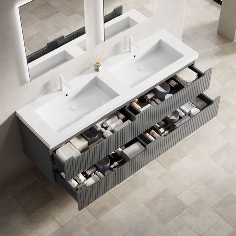 Meuble vasque suspendu de 160 cm avec 2 vasques encastrées sous plan en pierre artificielle épaisse, caisson en contreplaqué rayé avec 4 tiroirs, pré-assemblé, coloris gris foncé (1/5)