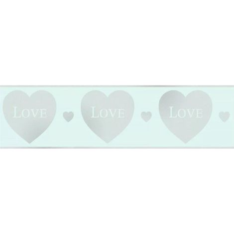 Mint Green Silver Glitter Hearts Wallpaper Border Glitz Girls Room Nursery (1/4)