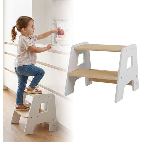 Relaxdays Tritthocker für Kinder, 2 Stufen, 50 kg, A-Form, rutschfest, HBT: 33 x 40 x 35 cm, Kindertreppe, weiß/natur