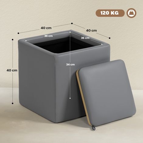 Pouf coffre carré avec couvercle, tabouret repose-pieds cube en cuir synthétique, 40x40x40 cm, gris, assise de rangement polyvalente (1/5)