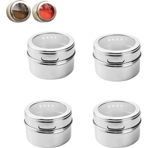Juego de 4 botes magnéticos de acero inoxidable para especias, Con tapa transparente, Ventana transparente, Hermético, sal, azúcar, etc, Plateado (1/5)