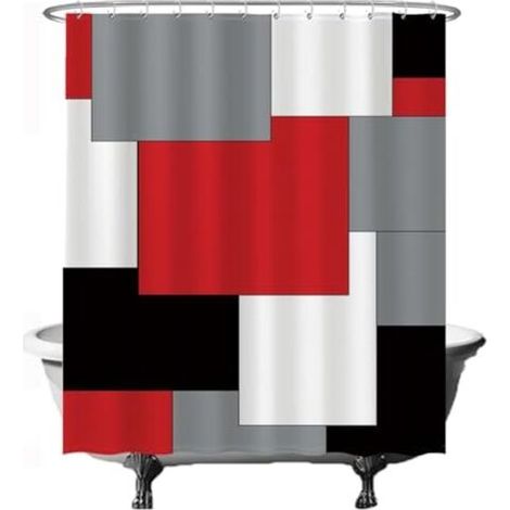 Shower Curtain - Rectangle Square - 180 x180cm - Washable - Anti Mold - with 12 Rings - Red Gray Black White