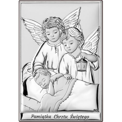 Cuadro plateado de ángeles sobre un niño, recuerdo del Santo Bautismo DS09 7 x 9,5 cm (1/5)
