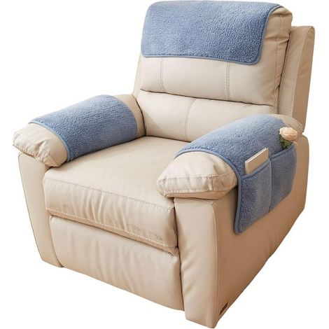 Fundas de forro polar Sherpa para reposabrazos de sillón reclinable - Reposacabezas y bolsa de almacenamiento - Azul (1/5)