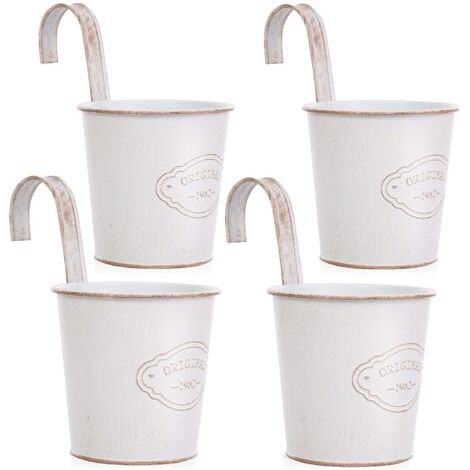 4 Pcs Pots de Fleurs à Suspendre en Métal avec Trou de Drainage, Petits Pots de Fleurs Blancs avec Crochet Amovible, Style Vintage pour Balcon,Jardin, Extérieur et Intérieur (1/5)