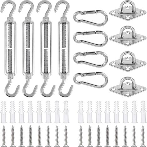 Kit de Fixation pour Voile D'ombrage, M5 Kit Fixation Voile D'ombrage Robuste en Acier Inoxydable pour Carrés Rectangle et Triangulaires, 44 Pièces (1/4)