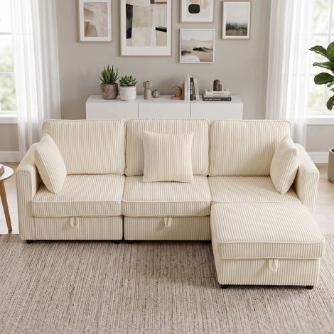 Canapé 3 places avec méridienne, rangement et pouf réversible en velours côtelé, 235 x 153 x 85 cm, blanc crème (1/5)