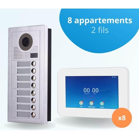 Portier interphone vidéo MODERN 2 Fils - 8 appartements - 8 écrans tactiles connectés 7" blanc (1/4)