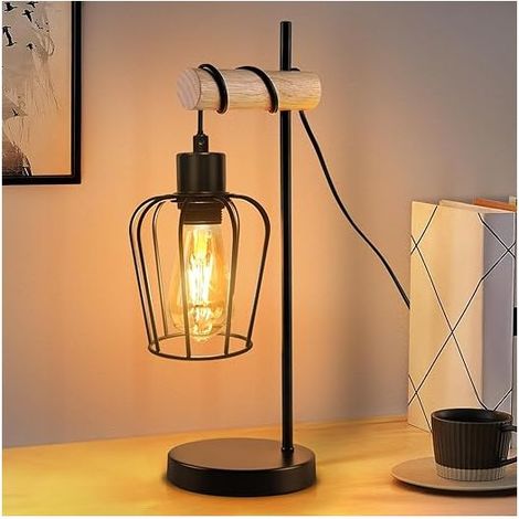 ACKERMAN Lampe de chevet rétro en bois et métal noir, 1 lumière, culot E27, design industriel vintage pour salon, chambre ou hôtel – sans ampoule (1/5)
