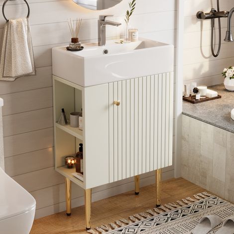 Modernluxe - Meuble de salle de bain avec vasque en céramique - avec 1 porte et 2 étagères ouvertes - Blanc(robinet non inclus) (1/5)