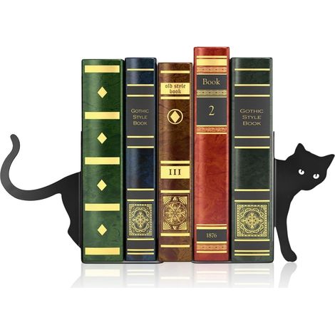 Lot de 2 serre-livres en métal avec chat qui regarde - Noir - Pour la maison, le bureau, l'école, les amoureux des chats (1/5)