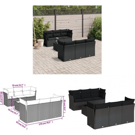 7-tlg. Garten-Sofagarnitur mit Kissen Schwarz Poly Rattan - Gartenmöbel Set - PE-Rattan Möbel - Outdoor Sofa - Esstisch Set - Balkonmöbel - Home & Living (1/3)