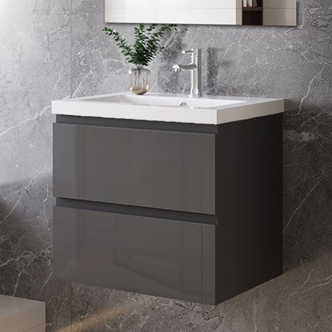 Biubiubath Wall Hung 600mm Bathroom Vanity Units with Basin Gloss Grey