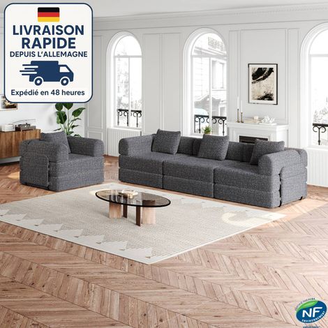 Canapé convertible chenille avec coussins, fauteuil, canapé rembourré avec accoudoirs et rangement - Combinaison libre, 4 places, gris (1/5)