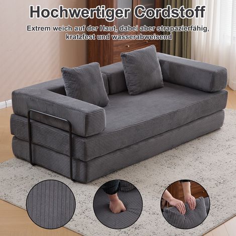 Klappbares Schlafsofa aus grauem Cord, 3-in-1-Multifunktions-Klapp-Gästebett, kein Zusammenbau erforderliches Sofa, bequemes Schlafsofa