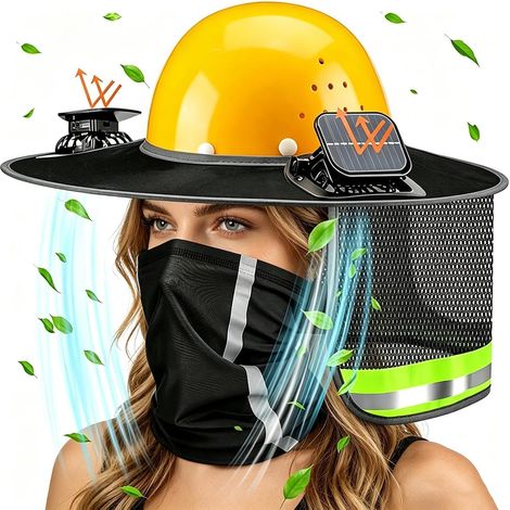 Visière de casque de sécurité respirante avec cache-cou et éventail intégré Protection solaire pour la nuque, idéale pour les chantiers, les travaux extérieurs, le sciage du bois, le jardinage, la ma (1/5)