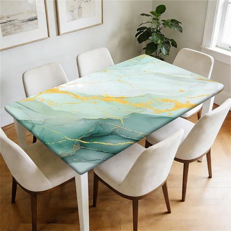 Wasserdichte Tischdecke mit Gummizug 140x80cm, abwaschbar, rechteckig, Smaragd Gold Marmor