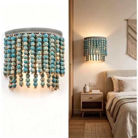 Applique murale en bois avec perles bleues rétro, applique d'intérieur de style bohème, applique décorative à douille E27, idéale pour la chambre, le couloir, le salon et la salle à manger (1/5)