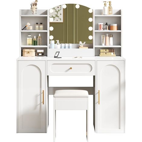 Großer Schminktisch mit verstellbarer LED-Beleuchtung, Spiegel und Hocker. Mit 1 Schublade und 2 Türen. Moderner Stil, Farbe: Weiß. Ideal für das Schlafzimmer, Weiß, Maße: 110x40 x132cm