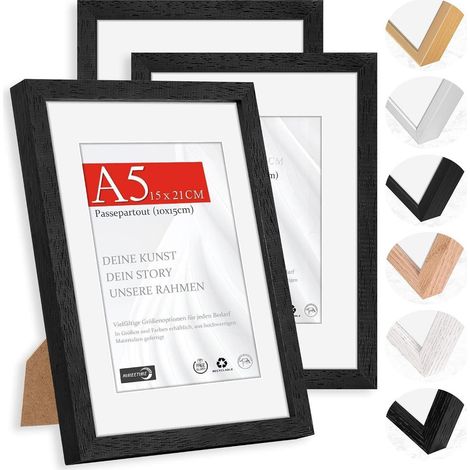 Bilderrahmen Passepartout 10x15cm Holz Schwarz A5(14,8x21cm) 3x (1/5)