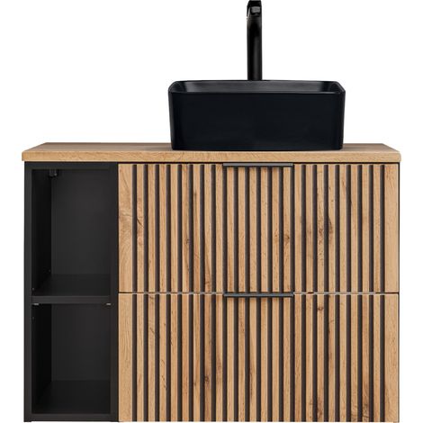 Waschtisch 80 cm Unterschrank mit Regal, Aufsatzwaschbecken schwarz matt XANTEN-56 in anthrazit mit Eiche Nb. schwarz gerillt, B/H/T: ca. 80,6/72,2/46,5 cm (1/5)