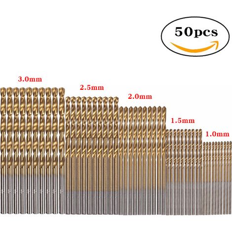 Set di 50 mini punte elicoidali in acciaio rapido con rivestimento in titanio per la lavorazione del legno, 1/1,5/2/2,5/3 mm