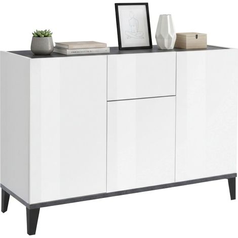Kommode Giorgio, Küchen-Sideboard mit 3 Türen und 1 Schublade, Wohnzimmer-Buffet, Küchen-Sideboard, 100 % Made in Italy, 120 x 40 x 82 cm, glänzendes Weiß und Schiefer