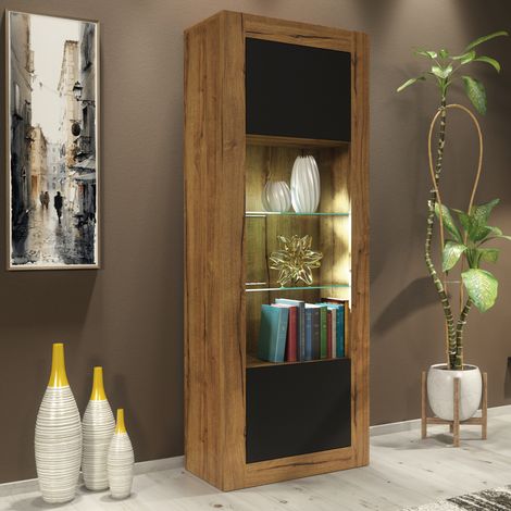 Illume Display Cabinet 170cm - Dark Oak with Black Matt Doors & LED