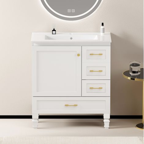 Badezimmerschrank 75 cm weiß modern aus MDF mit 1 Soft-Close-Tür und 3 Schubladen (1/5)