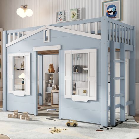 Cama alta 90x200cm escalera modular izquierda derecha madera y MDF color blanco y azul (Sin colchón) (1/5)