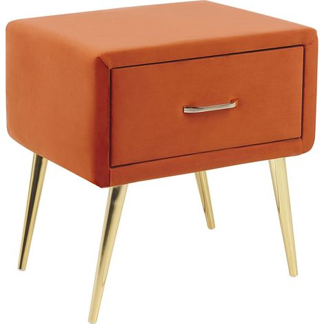 Bedside Table Orange Velvet Upholstery Nightstand 1 Drawer Minimalist Design Bedroom Furniture FLAYAT