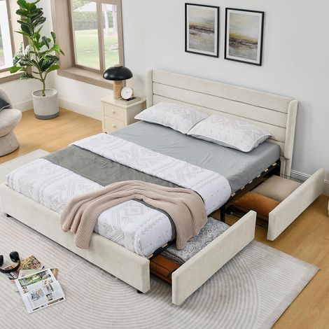 Lit 90x200 avec 2 tiroirs de Rangement, Lit Capitonné 90x200 AVCE Sommier à Lattes, pour Enfant Adolescent Adulte, sans Matelas, Chenille Beige (1/5)