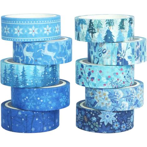 Lot de 10 rouleaux de ruban adhésif décoratif Washi Tape Four Seasons, motif flocons de neige bleus (1/5)