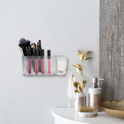 Wall mounted cosmetics organizer with hooks