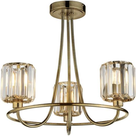 Endon Berenice Plafonnier semi-affleurant à 3 bras multiples avec abat-jour en verre et laiton antique