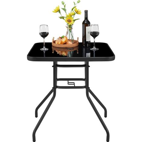 Homevive Mesa de Jardín Mesa Auxiliar de Cristal y Metálica Mesa de Balcón con Orificio para Sombrilla para Terraza, Jardín o Balcón 70 cm×70 cm Negro (1/5)