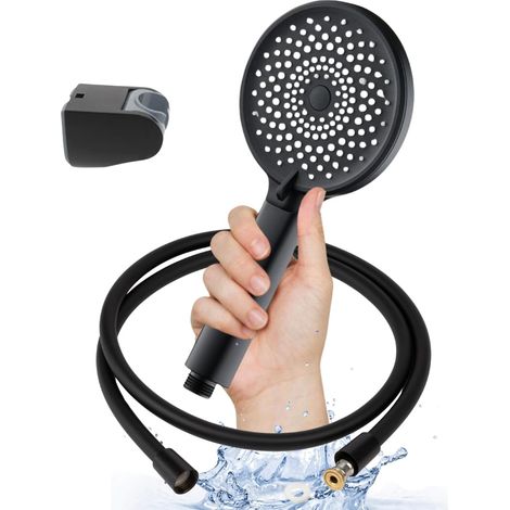 Soffione doccia ad alta pressione nero con tubo flessibile antitorsione da 1,5 m - Soffione doccia universale con 3 modalità di spruzzo, supporto regolabile, tubo flessibile durevole e resistente, des