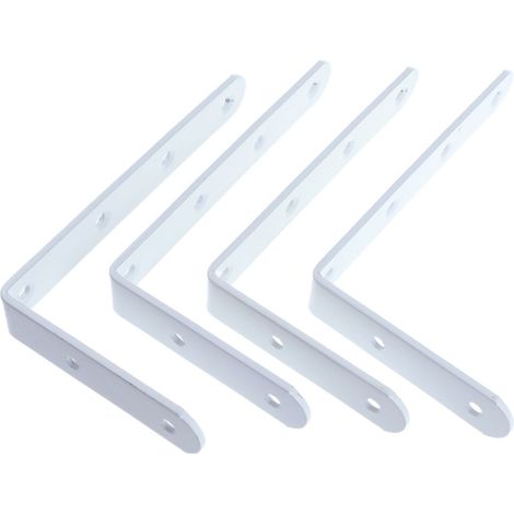 Supports d'étagère, lot de 4 supports blancs, équerre en L, support métallique en forme de L pour étagères, fixation murale, robuste, idéal pour le salon, la cuisine et le bureau. (1/5)