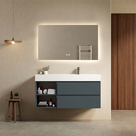Mobile bagno sospeso 120 cm Blu Mare Lavabo a Destra in Resina Specchio Quadro Retroilluminato - Fiji Paint Plus (1/4)