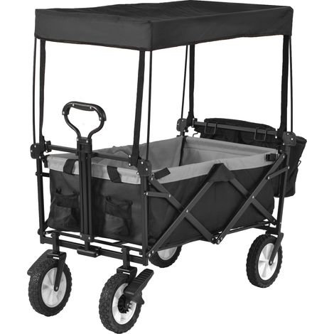 Folding Wagon Trolley Cart with Removable Canopy Utility Garden Cart Handcart 4 Wheels Push Pull Handle Front Cup Holder (1/5)
