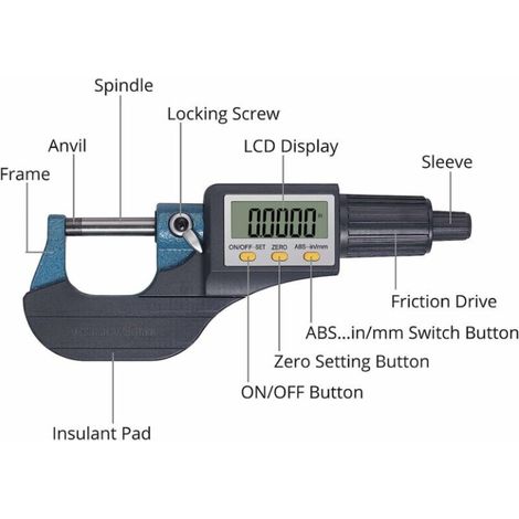 Micrometro digitale LCD 0-25 mm, modello standard metrico/pollice, risoluzione 0,001 mm, precisione 0,002 mm, spegnimento automatico, ABS + acciaio inossidabile (1/3)