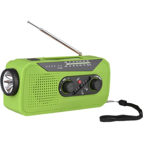 Radio solaire à manivelle d'urgence avec batterie rechargeable, alarme SOS, radio AM/FM, lampe torche puissante, prise casque et port USB, idéale pour le camping et la randonnée. (1/5)