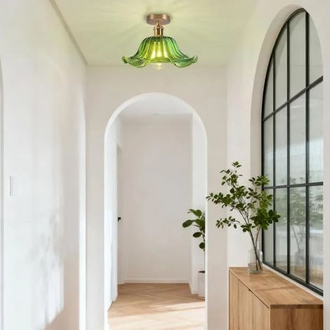 Plafonnier en Verre Vert,Lustre Industriel Lampe de Plafond Style Nordique E27 Luminaire Plafond Abat-jour Design Fleur,Vert (1/5)