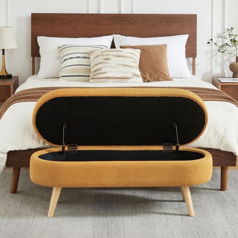 Bettbank mit Stauraum, ovale gepolsterte Sitzbank aus Chenille, 110 cm, moderne Truhenbank für Schlafzimmer, Flur oder Wohnzimmer – Orange