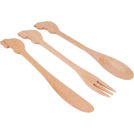Ensemble de couverts de style japonais comprenant une cuillère, une fourchette et un couteau à long manche en bois. Ustensiles de cuisine.
