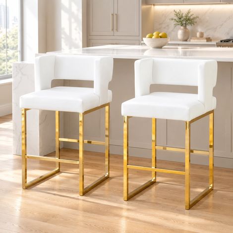 Juego de 2 taburetes de bar nórdicos, asiento cuadrado, metal dorado, blanco DESVIAE (1/5)