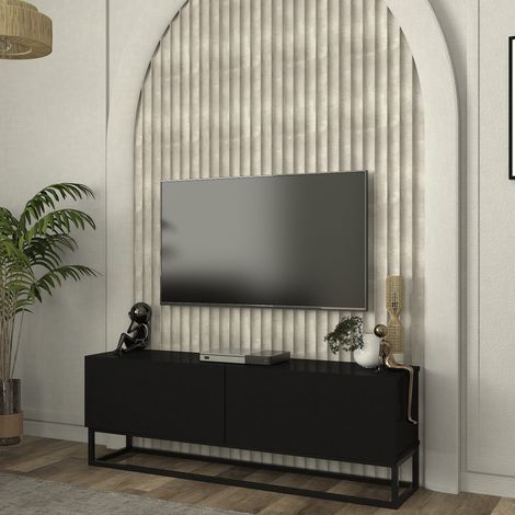 Mobile Porta TV Nolven a 2 Ante Ribalta e Telaio Lungo in Metallo 135x32x47 cm - Nero [en.casa]