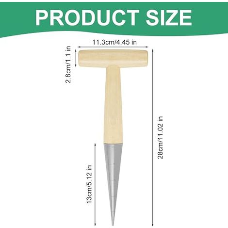 Garden Punching Tool, Bulb Planter with Chrome Iron Tip and Solid Wood Handle, Mini Planter, Garden Tool with Graduation and Wooden Handle (1/4)
